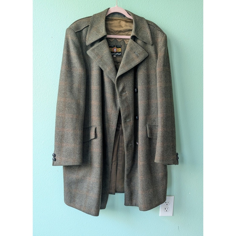 80s Vintage Cortefiel Mens Plaid Wool Overcoat Green Brown Leather Buttons Spain